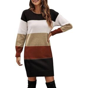 CUPSHE Striped Colorblock Long Sleeve Sweater Dress Burgundy Cream Black Size S